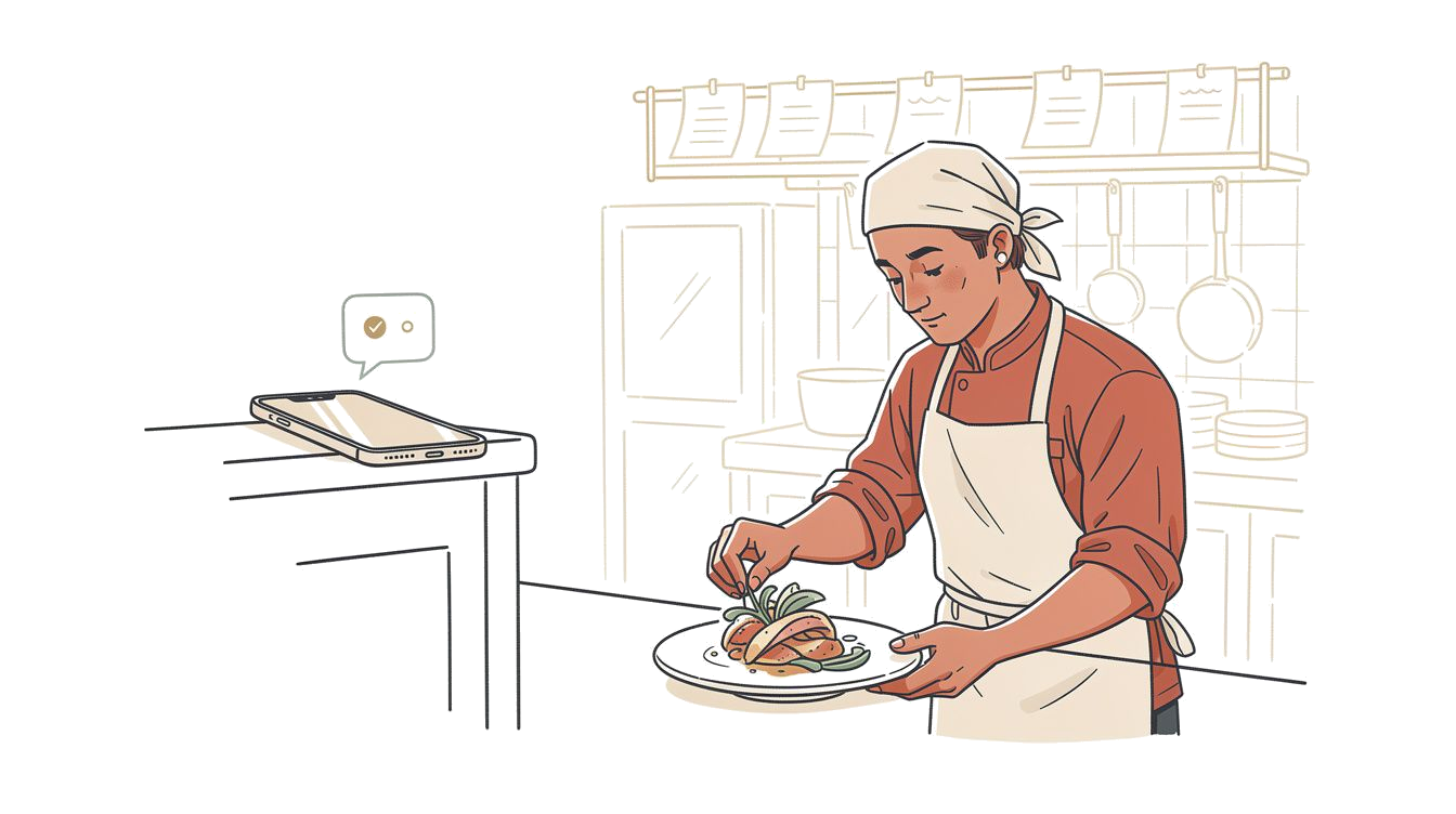 Chef plating a dish at the kitchen pass, focused and precise